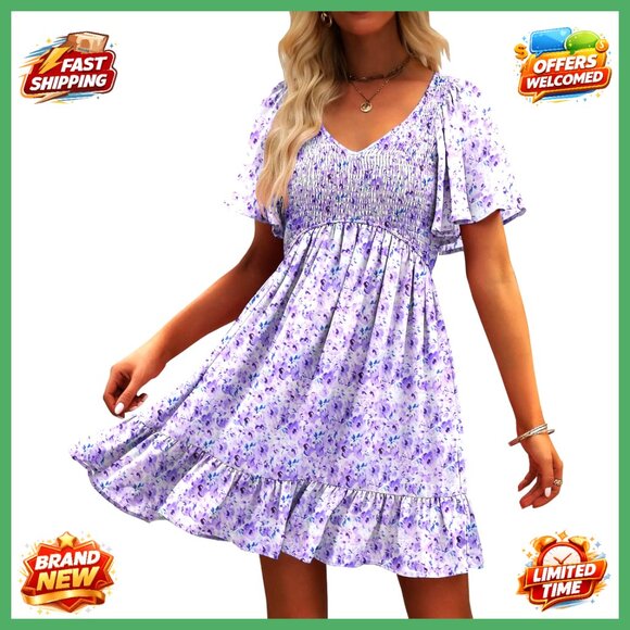Dresses & Skirts - Floral Smocked V Neck Flutter Sleeve Sundress with Pockets Casual Summer Dress